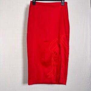 Maeve Anthropologie Red Bow Embroidered Midi Skirt High Slit Small New